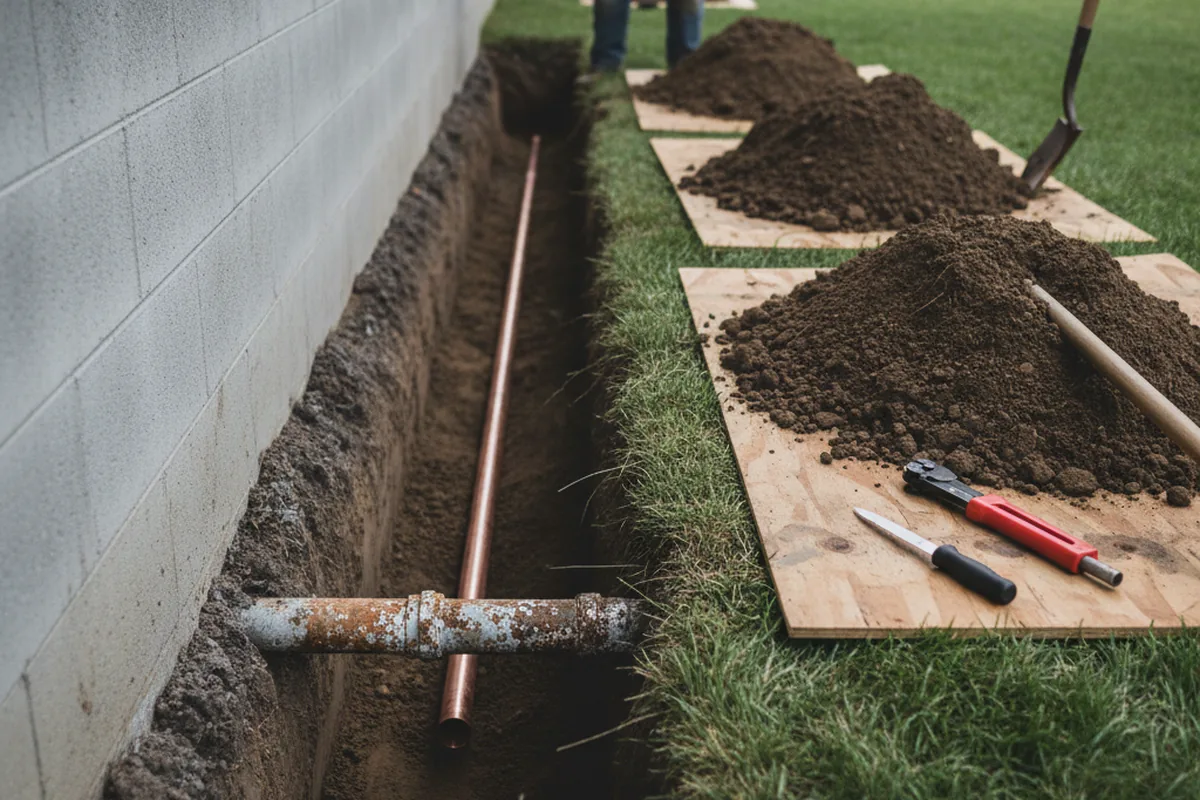 Excavated water line trench during Water Softener Installation in Allen